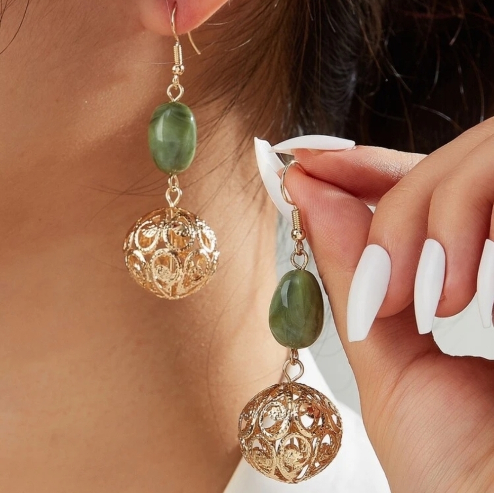 Gold Filigree Drop Earrings with Green Stone Accent